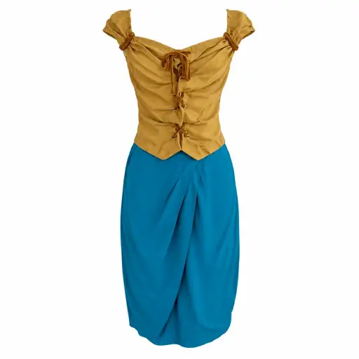 Louis Vuitton Spring Summer 2004 Yellow Gold Corset Top + Teal Skirt Set