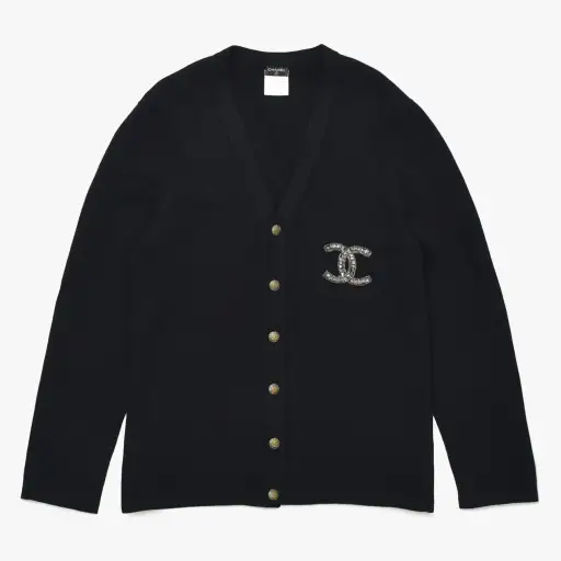 極美品 CHANEL シャネル カシミヤ カーディガン P26253V01923 サイズ54 ココマーク ビーズ スパンコール ブラック メンズ 中古 4a008728