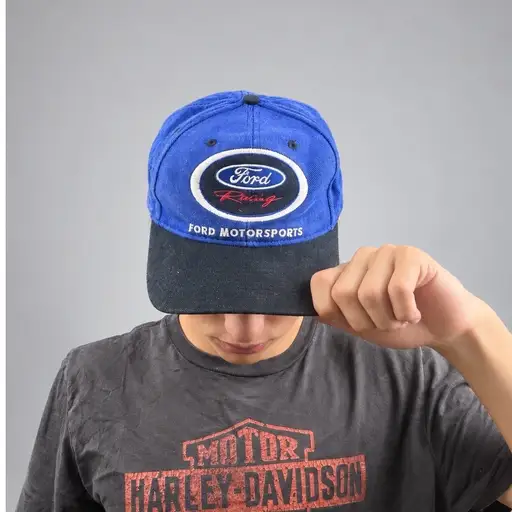 Vintage Ford Racing Motorsports Hat Blue Black Embroidered Adjustable Cap Y2K