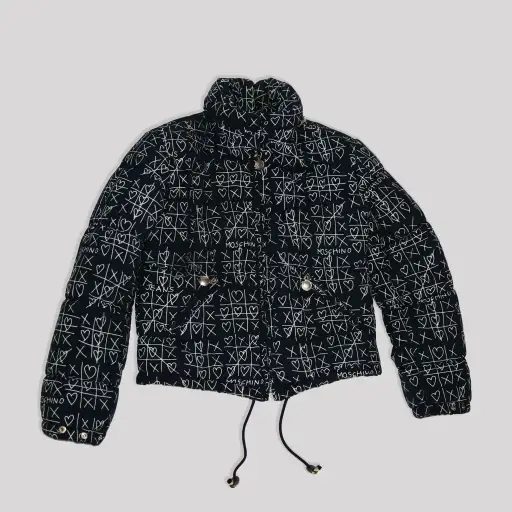 90's Moschino Hearts & Crosses Puffer Jacket in Black - XS
