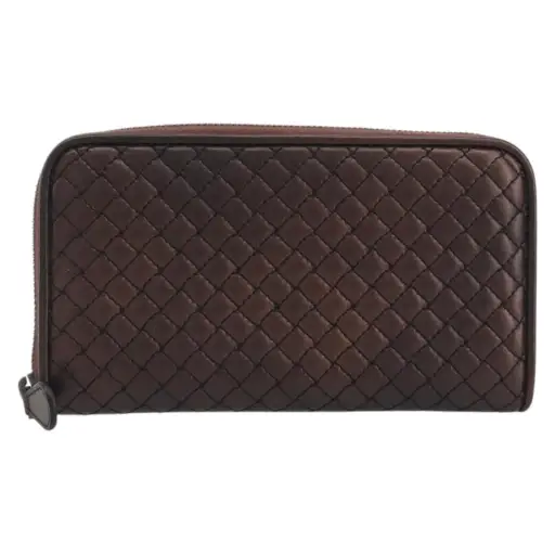 Bottega Veneta Intrecciato Long Zip Leather Brown Leather Briefcase Bag (Pre-Owned)