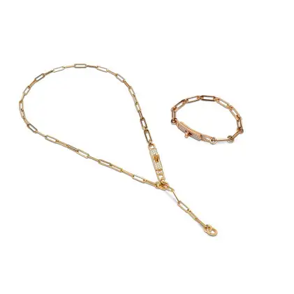 Hermès Set of Two: Gold Kelly Chaîne Lariat Necklace with Diamonds, Small Model and Rose Gold Kelly Chaine Bracelet with Diamonds