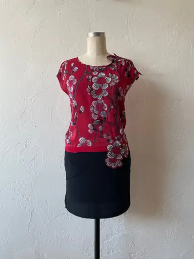 Vintage Vivienne Tam Red & Black Silk Dress with Floral Appliqué S/M