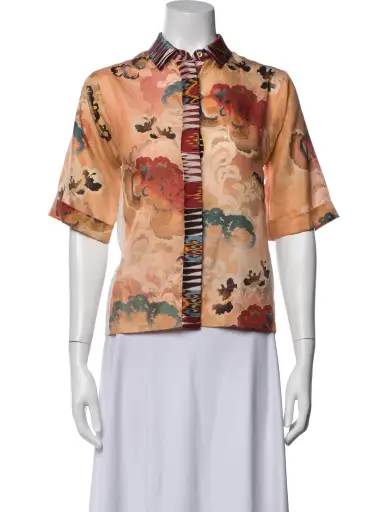 Silk Floral Print Button-Up Top