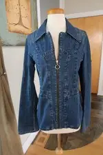 Henry Duarte LA denim jean jacket front zipper silver circle flared sleeves Y2K