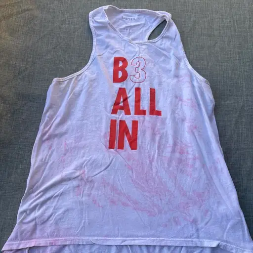 Barr3– B3 white & pink tie-dye tank top with red text reading 'B3 ALL IN' #tiedye #activewear #barre