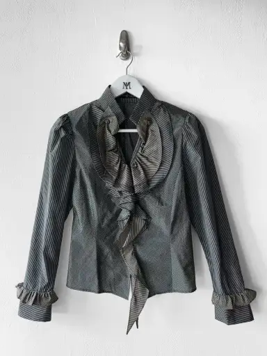 HIROKO KOSHINO - late 1990s PINSTRIPED BLOUSE WITH CASCADING RUFFLE DETAIL