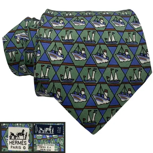 Hermes Paris Silk Necktie Nautical Sailboat Geometric Green Blue France Designer