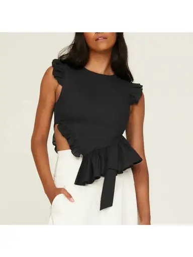 Sandy Liang Babylon Top Ruffle Trim Cap Sleeve Asymmetric Hem Cotton Black 10