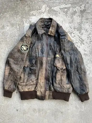 Thrashed Sun Faded Distressed Vintage Leather Bomber Jacket