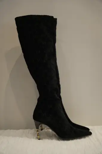 Gucci by Tom Ford Era Knee High Velour Logo Boots with Metal Bamboo Heel Sz 34.5