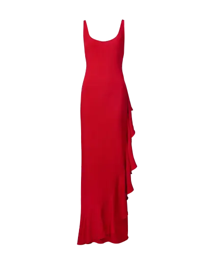 A/W 2000 Red Scoop Neck Asymmetrical Ruffle Gown