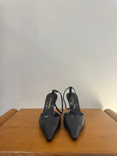 Chanel Black Lambskin T-Strap Pumps with Lizard-Embossed Details, Size 37, 5 C
