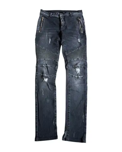 Balmain SS17 Washed Black Distressed Biker Slim Stretch Denim Jeans