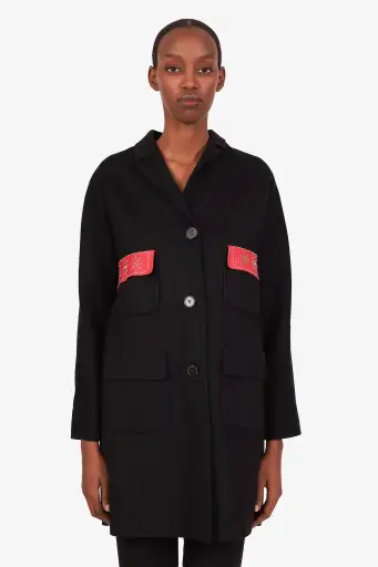 Valentino Black Wool Red Studded Leather Detail Coat Size 2