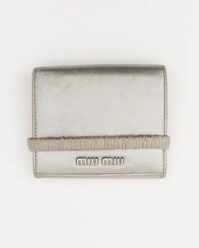 2000s MIU MIU Silver Metallic Nappa Ruched Band Compact Wallet