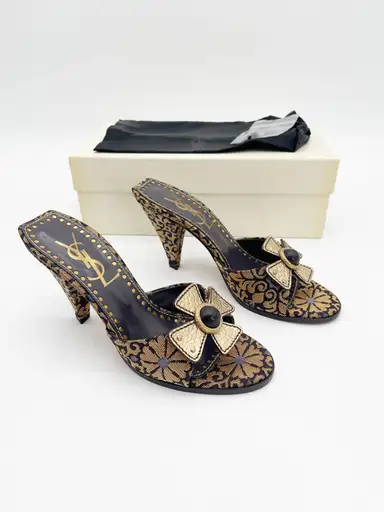 Yves Saint Laurent Vintage Y2K Casablanca 85 Gold Brocade Slide Heels EU 37