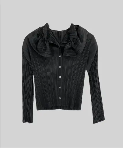 Pleats Please Ruffle Collar Pleated Long Sleeve Blouse