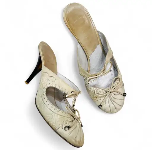 CHRISTIAN DIOR Cream Embossed Leather Mules