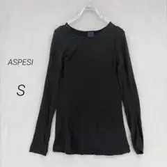 アスペジ 長袖カットソー ウール混 カシミヤ混 シアー切替 イタリア製 S 黒