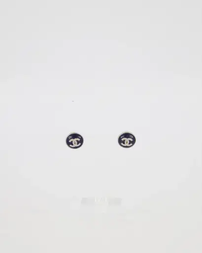 Chanel 18/A Navy and Silver Enamel and Crystal CC Round Stud Earrings