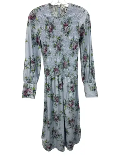 Ganni Size 32 Blue, Purple, Green Cotton Long puff sleeve Floral Print Dress