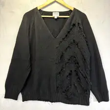 Gianfranco Ferre Forma Black Wool Blend Fringe V-Neck Sweater Italy Womens 22
