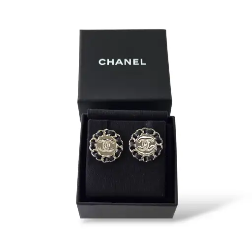 CC Round Stud Earrings with Woven Black Lambskin & Silver-Tone Chain Trim