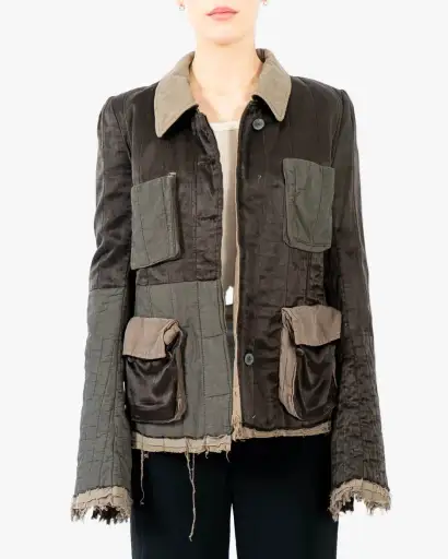 FW18 Distressed Workwear Jacket in Khaki Silk Satin