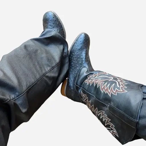 Black faux leather vkei jfashion tornado mart like cowboy boots with stitched floral embroidery, perfectly paired with any waxxed bootcuts in a mens 14 (46) with a 1" wedge heel and 14" long high top kimrii darkfashion cowboy boots

#vkei #jfashion #darkfashion #ifsixwasnine #tornadomart indiesleeze jadenlondon darkvantgaurd swearlondon