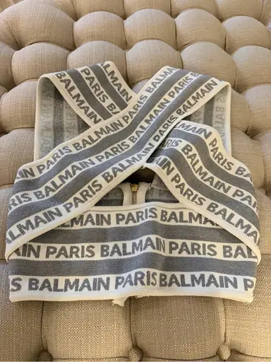 Balmain Paris Metallic Silver Logo Knit Crossover Crop Top Size 36