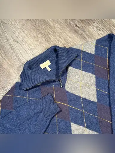 Brioni Quarter Zip Sweater Men XL Blue Argyle Knit Luxury Pullover Wool Cashmere