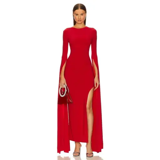 Norma Kamali Red Maxi Dress with Dramatic Cape Sleeves