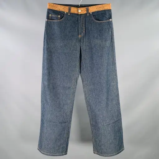 D&G by DOLCE & GABBANA Size 35 Blue Tan Perforated Leather Cotton Denim Wide Leg Jeans