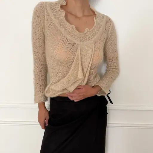 French Designer Plein Sud Ecru Sheer Crochet Knit Blouse (Medium)