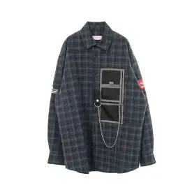 マーティンローズ Martine Rose チェック柄 チェーン パッチ付き 長袖 衣料品 トップス コットン ネイビー系 【中古】