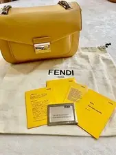 Fendi Yellow Leather 2Way Shoulder Bag Turn Lock Dust Bag Cards Mirror 2610TK