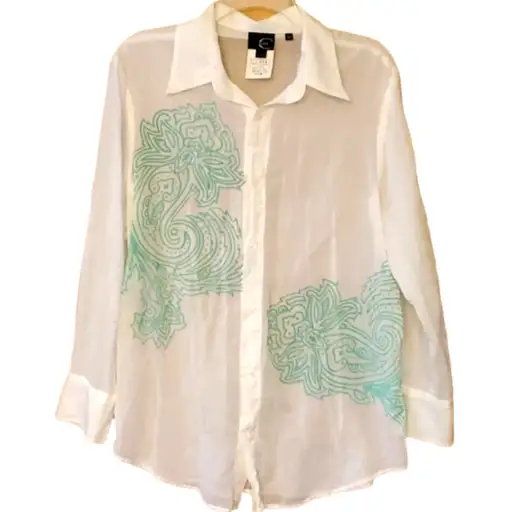 Just Cavalli Ittierre Womans Sheer White Buttondown with Green Design Size‎ 42