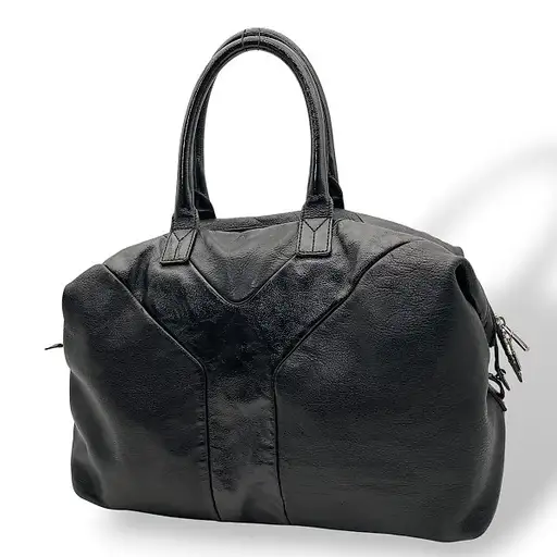 Yves Saint Laurent - Y Panel Leather Patent Trim Boston Bag Black Silver Hardware Zip Top Two Rolled Handles Italy - Handbag