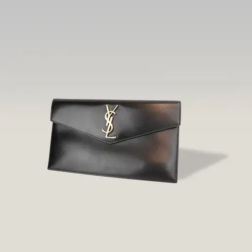 Saint Laurent Uptown Pouch Nera in Pelle con Logo YSL Dorato