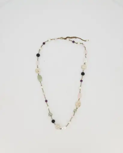 Chanel 16A Purple and Green Long Beaded Silver Necklace with Faux Pearls and CC Logo Details