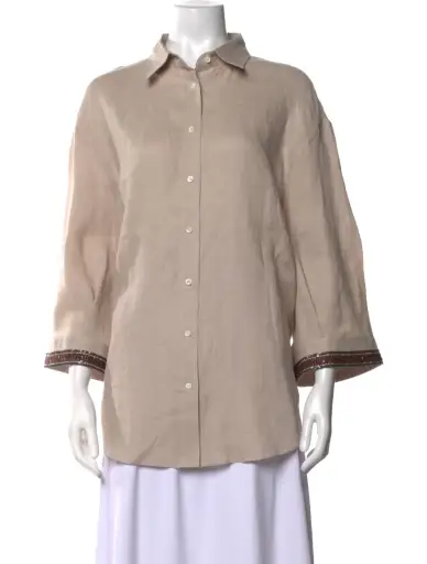 Linen Three-Quarter Sleeve Button-Up Top