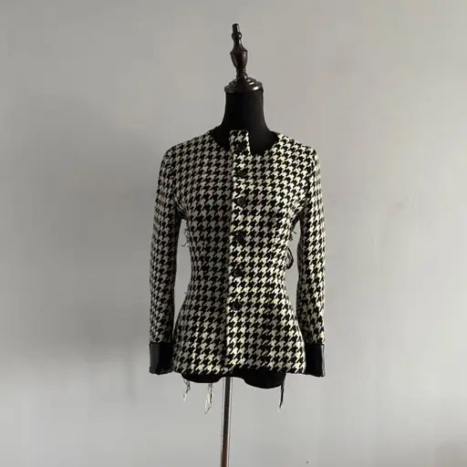 FW2003 Yamamoto houndstooth fringe blazer with leather trim