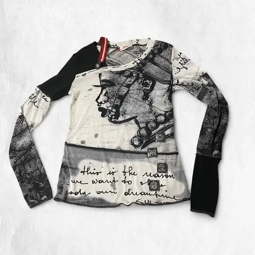 2026 Cop Copine  Y2K Grunge Black & White Graphic Mesh Top
