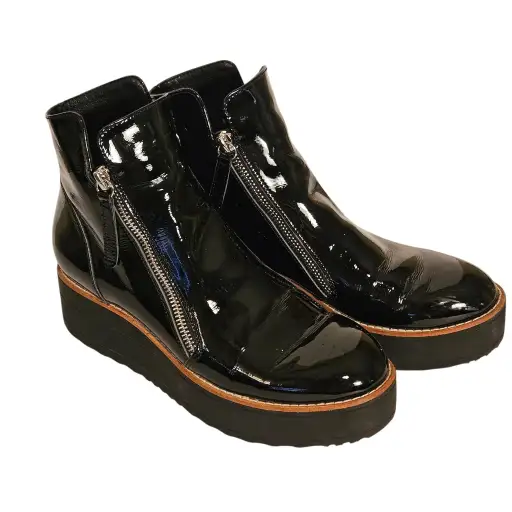 Black Patent Leather Platform Wedge Ankle Boots Double Zip Silent D Womens 38