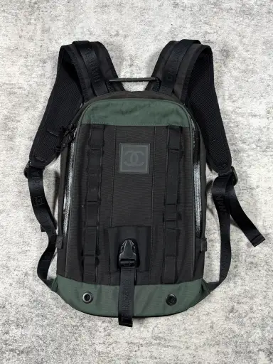 2003 Chanel Sport ‘CC’ Rubberized Logo Black/Green Canvas Utility Backpack