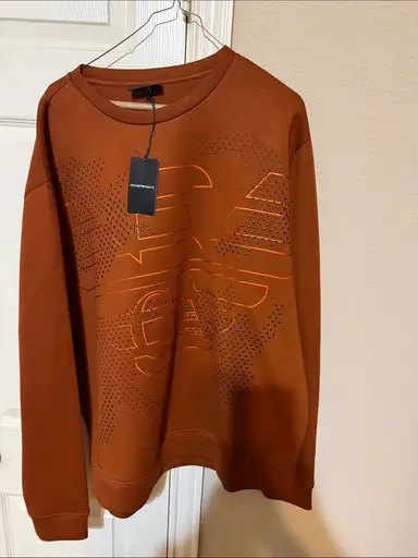 Emporio Armani Men’s Rust Orange Perforated Logo Crewneck