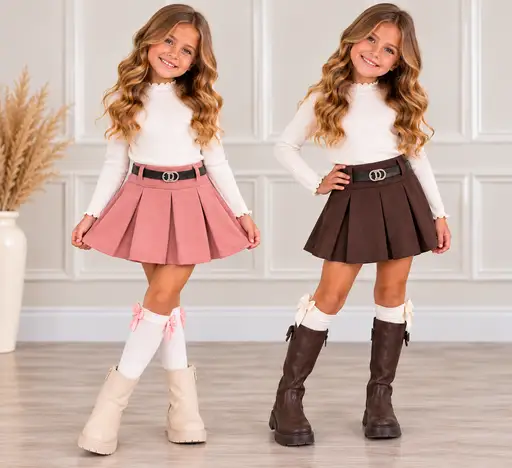 🎀 Girls Belted Pleated Skirt – Pink & Chocolate Brown