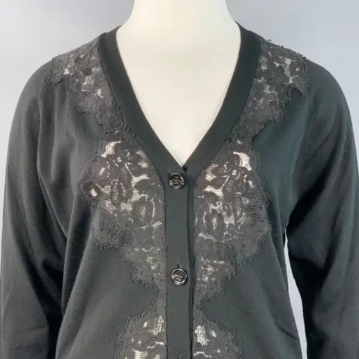 CHLOE Size L Black Wool Lace Trim V-Neck Button Up Cardigan