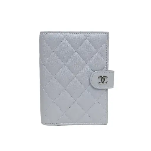 CHANEL Light Blue Laser Label Sliver Hardware 26A Passport Holder Wallet Sky Blue Grained Calfskin
